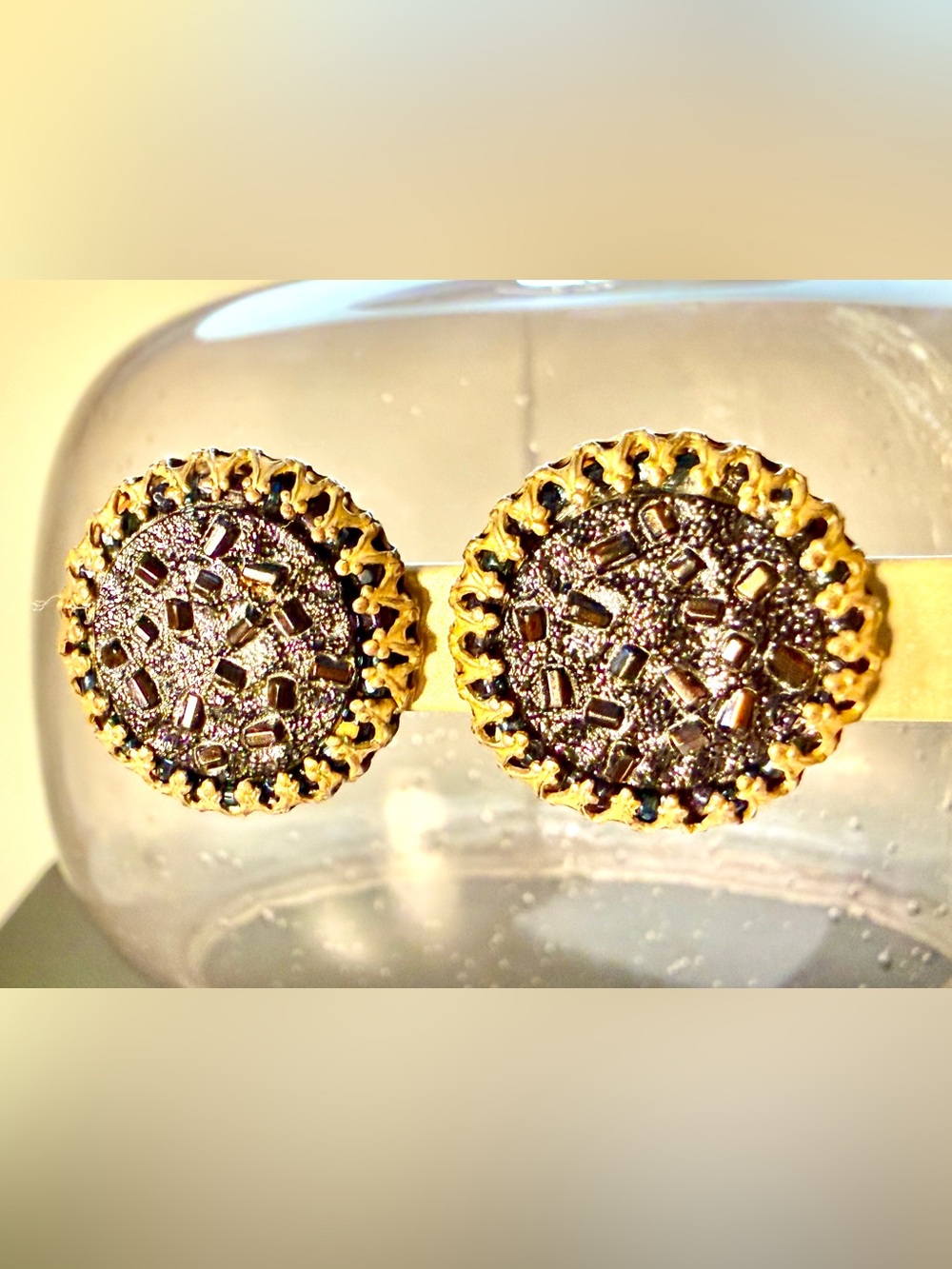 Vintage Mid Century Signed Hobe Dark Metallic Gold Tone Clip On Earrings
